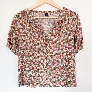 Floral Women's Short Sleeve Button Up Blouse Work Top 🧺